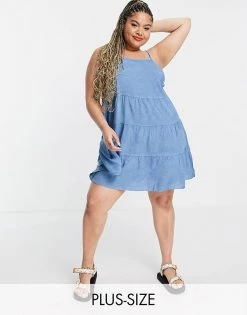 Wednesday's Girl Curve Mini Cami Dress With Tiered Skirt In Chambray For Women Light Wash Chambray