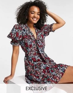 Wednesday's Girl Mini Smock Dress With Tie Collar In Wallpaper Floral For Women Multi Floral -Wednesday's Girl Sales 2022 unnamed file 359
