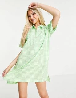 Wednesday's Girl Oversized Mini Shirt Dress In Pastel Gingham For Women Mint White Gingham -Wednesday's Girl Sales 2022 unnamed file 368