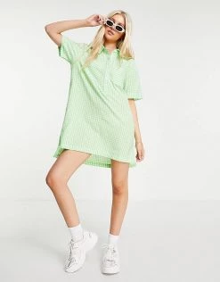 Wednesday's Girl Oversized Mini Shirt Dress In Pastel Gingham For Women Mint White Gingham -Wednesday's Girl Sales 2022 unnamed file 369