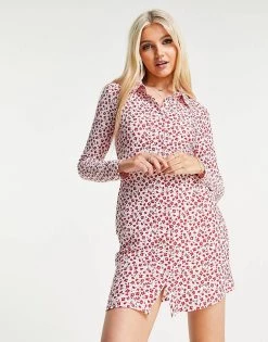 Wednesday's Girl Long Sleeve Bodycon Shirt Dress In Red Ditsy Floral For Women