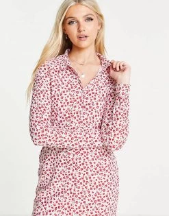 Wednesday's Girl Long Sleeve Bodycon Shirt Dress In Red Ditsy Floral For Women -Wednesday's Girl Sales 2022 unnamed file 372