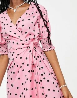 Wednesday's Girl Mini Wrap Dress With Shirred Sleeves In Polka Dot For Women Pink Black Polka Dot -Wednesday's Girl Sales 2022 unnamed file 382