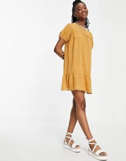 Wednesday's Girl Mini Smock Dress With Peplum Hem In Polka Dot For Women Yellow Spot