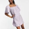 Wednesday's Girl Relaxed Mini Smock Dress In Daisy Printed Gingham For Women Lilac Daisy Gingham