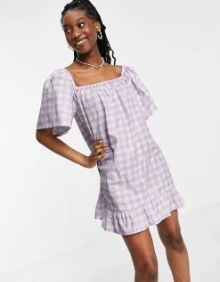 Wednesday's Girl Relaxed Mini Smock Dress In Daisy Printed Gingham For Women Lilac Daisy Gingham