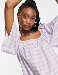 Wednesday's Girl Relaxed Mini Smock Dress In Daisy Printed Gingham For Women Lilac Daisy Gingham -Wednesday's Girl Sales 2022 unnamed file 392