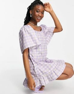 Wednesday's Girl Relaxed Mini Smock Dress In Daisy Printed Gingham For Women Lilac Daisy Gingham -Wednesday's Girl Sales 2022 unnamed file 393