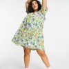 Wednesday's Girl Curve Mini Smock Dress With Tiered Skirt In Summer Floral For Women White Floral