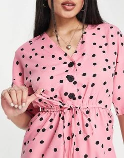 Wednesday's Girl Relaxed Playsuit With Drawstring Waist In Scattered Polka Dot For Women Pink Black Polka Dot -Wednesday's Girl Sales 2022 unnamed file 43