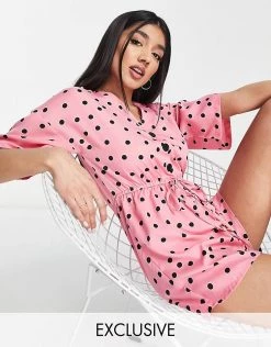 Wednesday's Girl Relaxed Playsuit With Drawstring Waist In Scattered Polka Dot For Women Pink Black Polka Dot -Wednesday's Girl Sales 2022 unnamed file 44