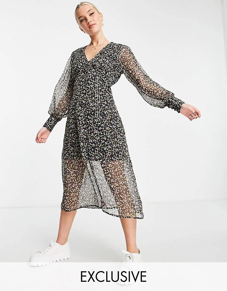 Wednesday's Girl V-neck Midi Tea Dress In Dark Ditsy Floral For Women Black Ditsy 3 Wednesday's Girl V-neck Midi Tea Dress In Dark Ditsy Floral For Women Black Ditsy