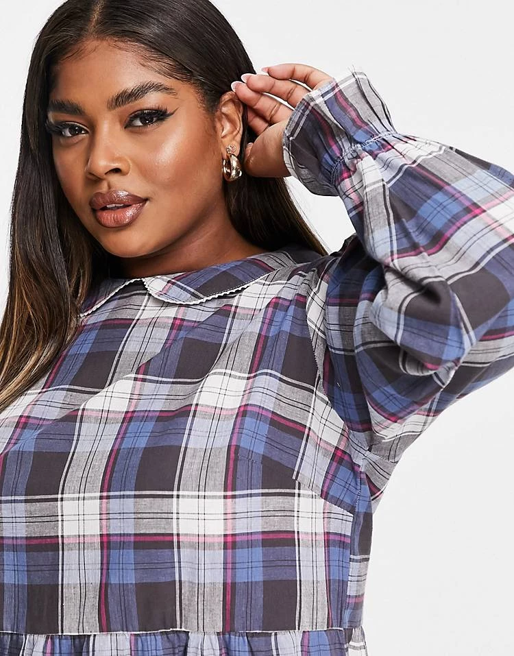 Wednesday's Girl Curve Mini Smock Dress With Tiered Skirt And Collar In Vintage Check For Women Navy Black Check 5 Wednesday's Girl Curve Mini Smock Dress With Tiered Skirt And Collar In Vintage Check For Women Navy Black Check - Image 3
