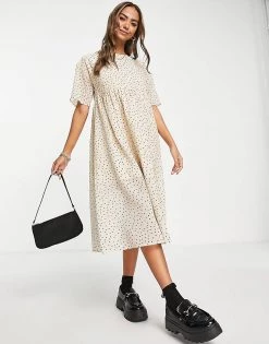Wednesday's Girl Midi Smock Dress With Full Skirt In Ditsy Spot Print For Women Cream Black Spot