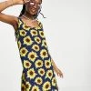 Wednesday's Girl Relaxed Mini Shift Dress In Vintage Sunflower Print For Women Navy Sunflower