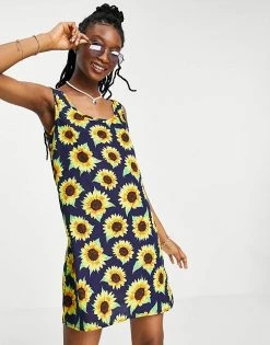 Wednesday's Girl Relaxed Mini Shift Dress In Vintage Sunflower Print For Women Navy Sunflower