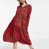 Wednesday's Girl Midi Smock Dress With Collar In Bright Animal Print For Women Red Animal Print -Wednesday's Girl Sales 2022 unnamed file 465