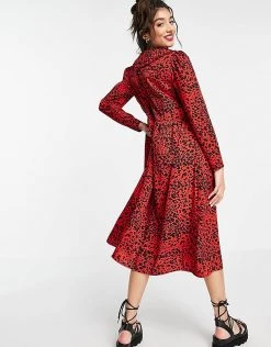 Wednesday's Girl Midi Smock Dress With Collar In Bright Animal Print For Women Red Animal Print -Wednesday's Girl Sales 2022 unnamed file 466