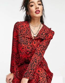 Wednesday's Girl Midi Smock Dress With Collar In Bright Animal Print For Women Red Animal Print -Wednesday's Girl Sales 2022 unnamed file 467