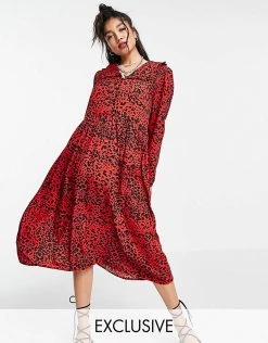 Wednesday's Girl Midi Smock Dress With Collar In Bright Animal Print For Women Red Animal Print -Wednesday's Girl Sales 2022 unnamed file 469