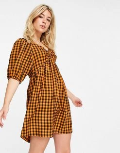 Wednesday's Girl Mini Smock Dress With Puff Sleeves In Contrast Gingham For Women Rust Black Check -Wednesday's Girl Sales 2022 unnamed file 473