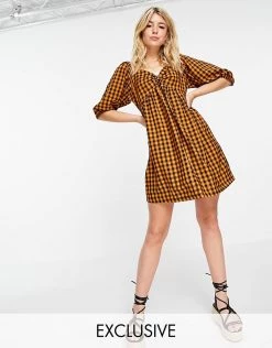 Wednesday's Girl Mini Smock Dress With Puff Sleeves In Contrast Gingham For Women Rust Black Check -Wednesday's Girl Sales 2022 unnamed file 474