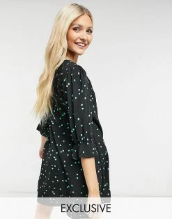 Wednesday's Girl Button Front Mini Dress In Scattered Spot For Women Black Green Spot