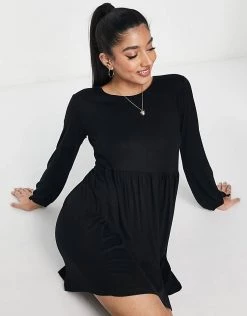 Wednesday's Girl Long Sleeve Mini Smock Dress For Women Black