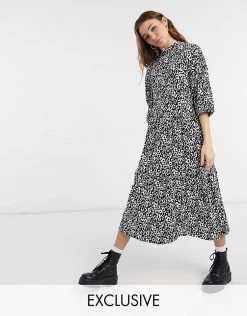 Wednesday's Girl Midi Dress With Tiered Skirt In Monochrome Animal Print For Women Black White Animal