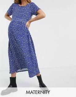 Wednesday's Girl Maternity Midi Smock Dress In Smudge Spot Print For Women Navy Smudge Spot