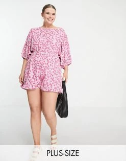 Wednesday's Girl Curve Tie Back Flippy Hem Playsuit In Spring Pink Floral For Women Pink Spring Floral