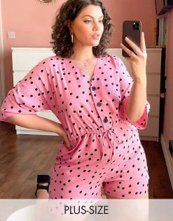 Wednesday's Girl Curve Relaxed Playsuit With Drawstring Waist In Scattered Polka Dot For Women Pink Black Polka Dot