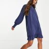Wednesday's Girl High Neck Mini Smock Dress In Indigo Chambray For Women
