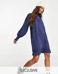 Wednesday's Girl High Neck Mini Smock Dress In Indigo Chambray For Women