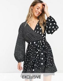 Wednesday's Girl Mini Wrap Tea Dress In Mix Spot Print For Women