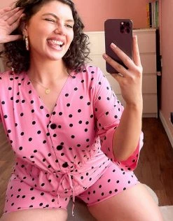 Wednesday's Girl Curve Relaxed Playsuit With Drawstring Waist In Scattered Polka Dot For Women Pink Black Polka Dot -Wednesday's Girl Sales 2022 unnamed file 52