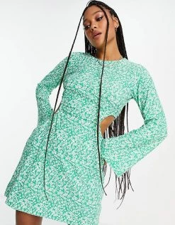 Wednesday's Girl Long Sleeve Mini Dress With Cut Outs In Green Ditsy For Women Confetti Ditsy Green