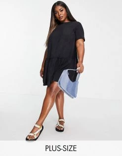 Wednesday's Girl Curve Mini Smock Dress In Vintage Wash Denim For Women Washed Black Denim