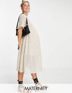 Wednesday's Girl Maternity Midi Smock Dress With Full Skirt In Ditsy Spot Print For Women Cream Black Spot