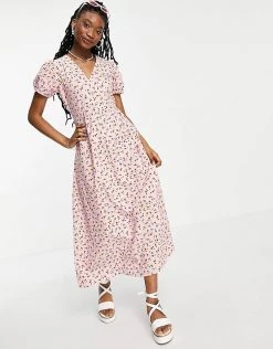 Wednesday's Girl Maxi Dress With Puff Sleeves And Full Skirt In Pretty Floral For Women Pink Red Floral -Wednesday's Girl Sales 2022 unnamed file 548