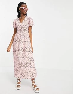 Wednesday's Girl Maxi Dress With Puff Sleeves And Full Skirt In Pretty Floral For Women Pink Red Floral -Wednesday's Girl Sales 2022 unnamed file 549