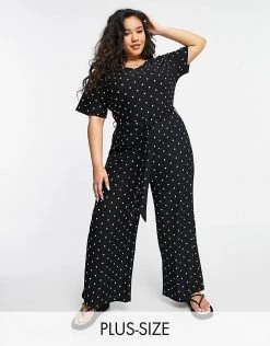 Wednesday's Girl Curve Relaxed Belted Jumpsuit With Wide Leg In Polka Dot For Women Black White Polka