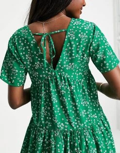 Wednesday's Girl Maternity Mini Smock Dress With Tiered Skirt In Green Ditsy Floral For Women -Wednesday's Girl Sales 2022 unnamed file 552