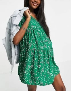 Wednesday's Girl Maternity Mini Smock Dress With Tiered Skirt In Green Ditsy Floral For Women -Wednesday's Girl Sales 2022 unnamed file 553