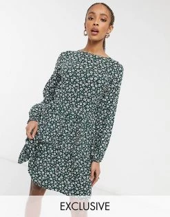 Wednesday's Girl Long Sleeve Smock Dress In Vintage Floral For Women Dark Green