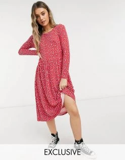 Wednesday's Girl Long Sleeve Midi Smock Dress In Smudge Spot Print For Women Red Smudge Spot