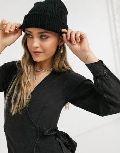 Wednesday's Girl Long Sleeve Mini Wrap Dress In Washed Denim For Women Washed Black -Wednesday's Girl Sales 2022 unnamed file 602