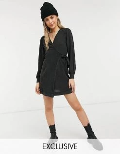 Wednesday's Girl Long Sleeve Mini Wrap Dress In Washed Denim For Women Washed Black -Wednesday's Girl Sales 2022 unnamed file 604