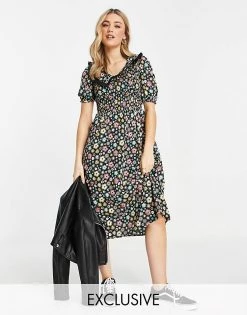 Wednesday's Girl Midi Tea Dress With Contrast Collar In Retro Ditsy Floral For Women