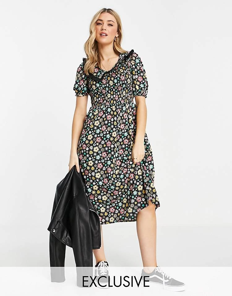 Wednesday's Girl Midi Tea Dress With Contrast Collar In Retro Ditsy Floral For Women 7 Wednesday's Girl Midi Tea Dress With Contrast Collar In Retro Ditsy Floral For Women - Image 5